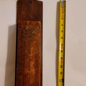 Vintage Wood Fireplace Long Match Stick Holder Brass Eagle Wall Decor 13 3/4"